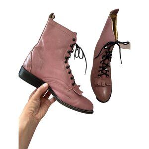 Laredo Pink Lace Up Booties Women 9.5 Kiltie Fringe Leather Equestrian Victorian